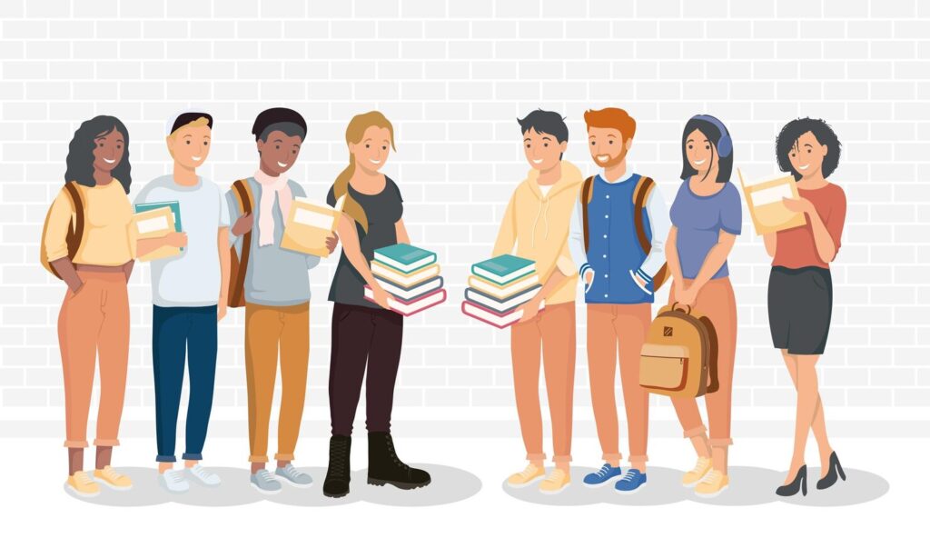 Eight young students characters